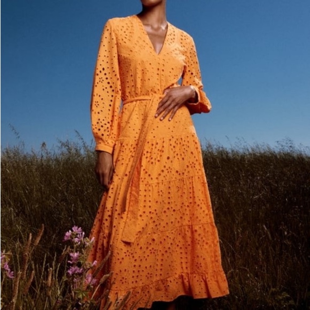 Zara Belted Embroidered Eyelet Dress in Neon Orange, Size L